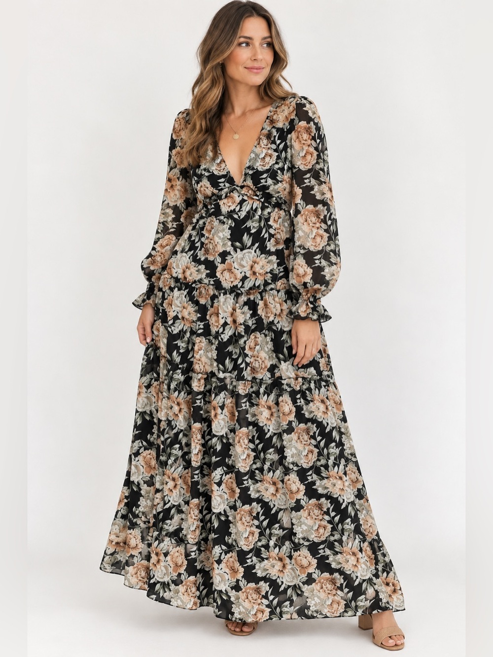 ee:some Boutique Black Dark Floral Maxi Dress Tiered Long Sleeve V Neck 2XL